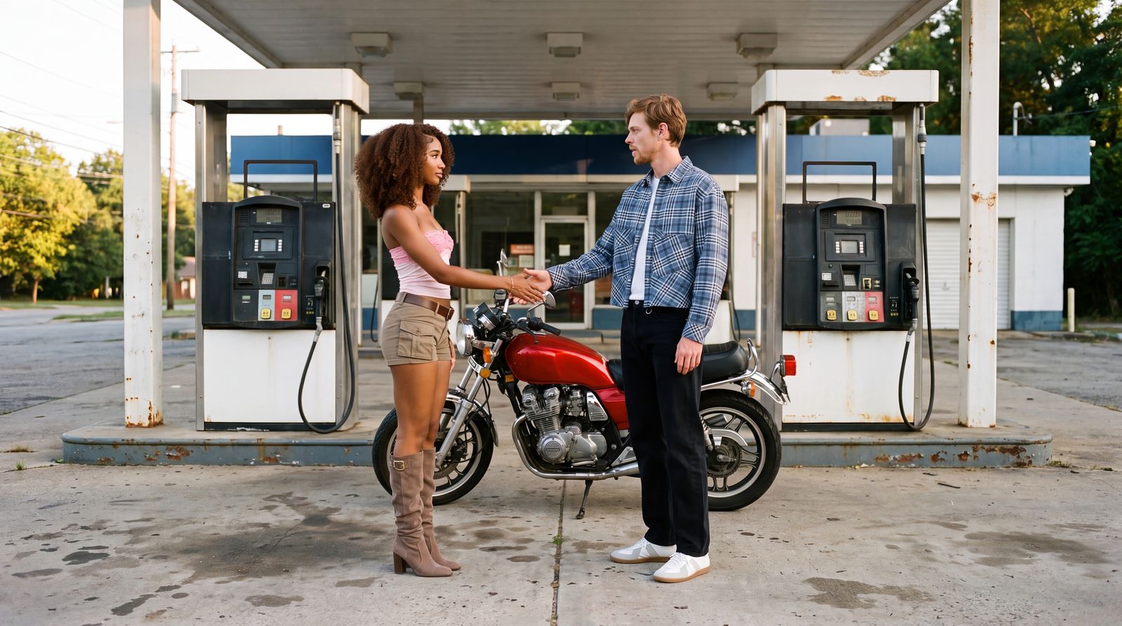 Image: two people shaking hands next to a red motorcycle at a gas station