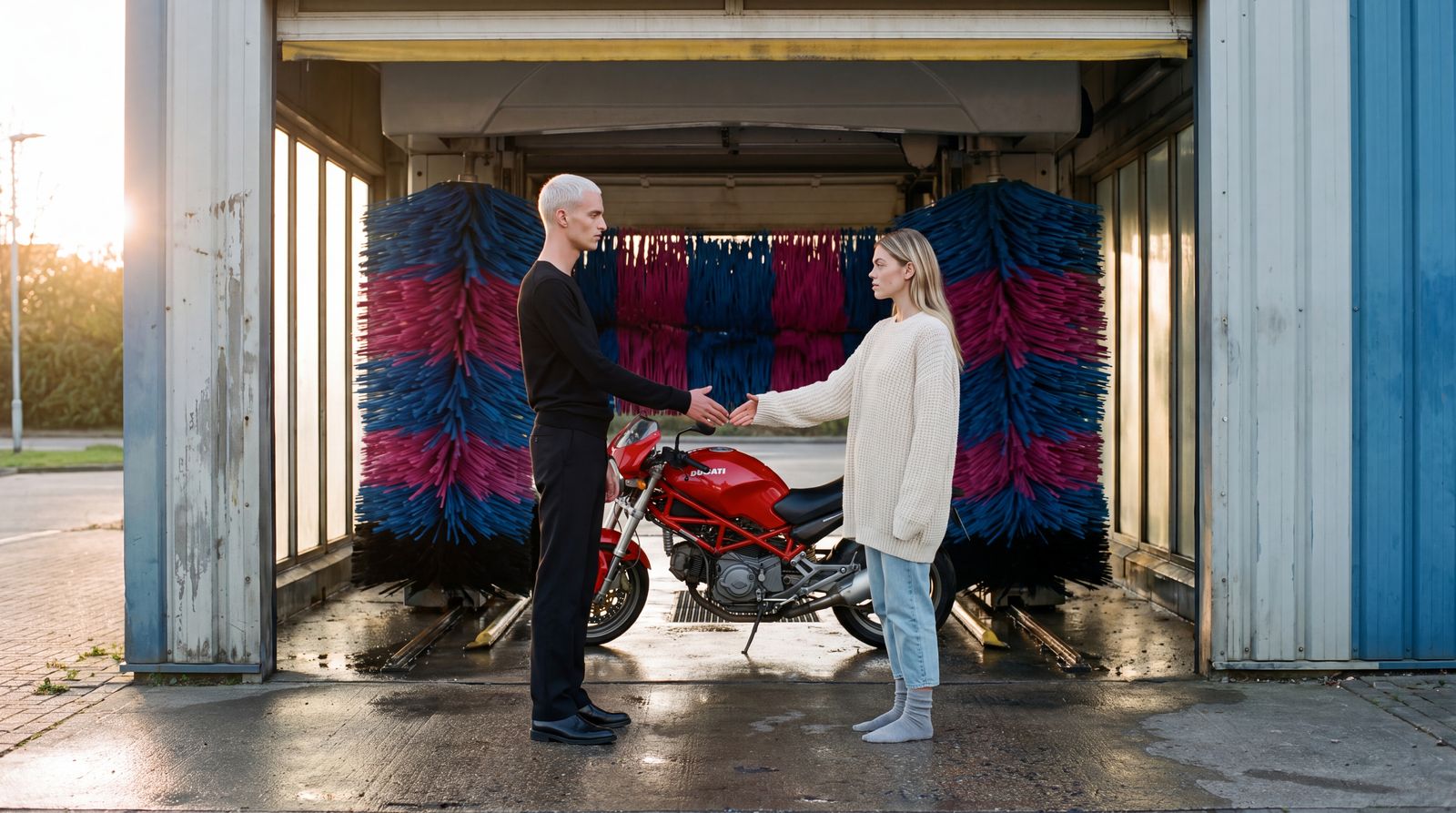 Image: two people shaking hands next to a red motorcycle in a car wash