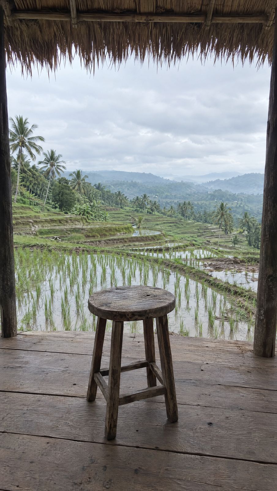 Image: a wooden stool in front of rice terraces