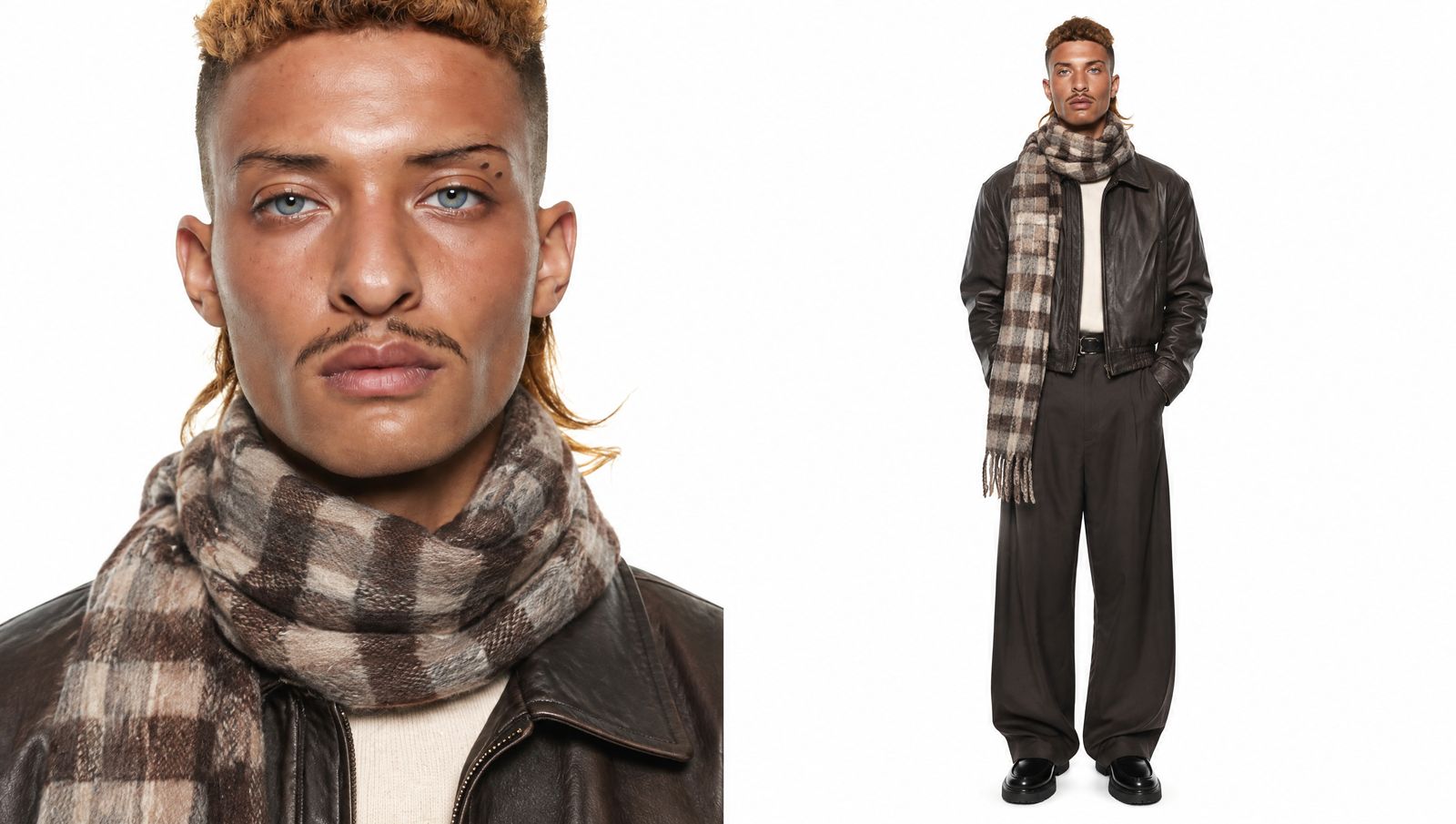 Image: model sheet with close-up and full look wearing a checked scarf