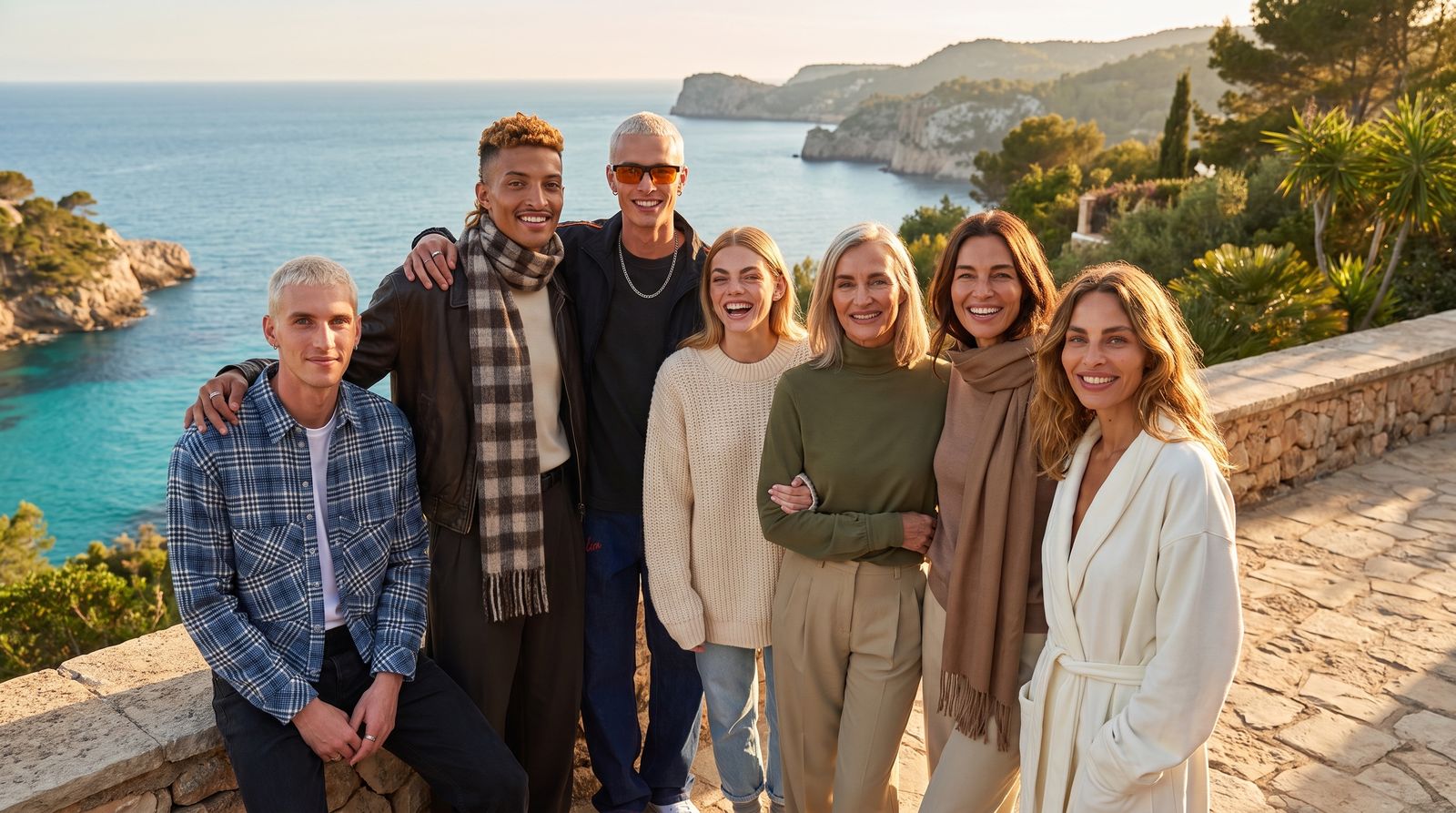 Image: a group of seven models on a Mediterranean terrace