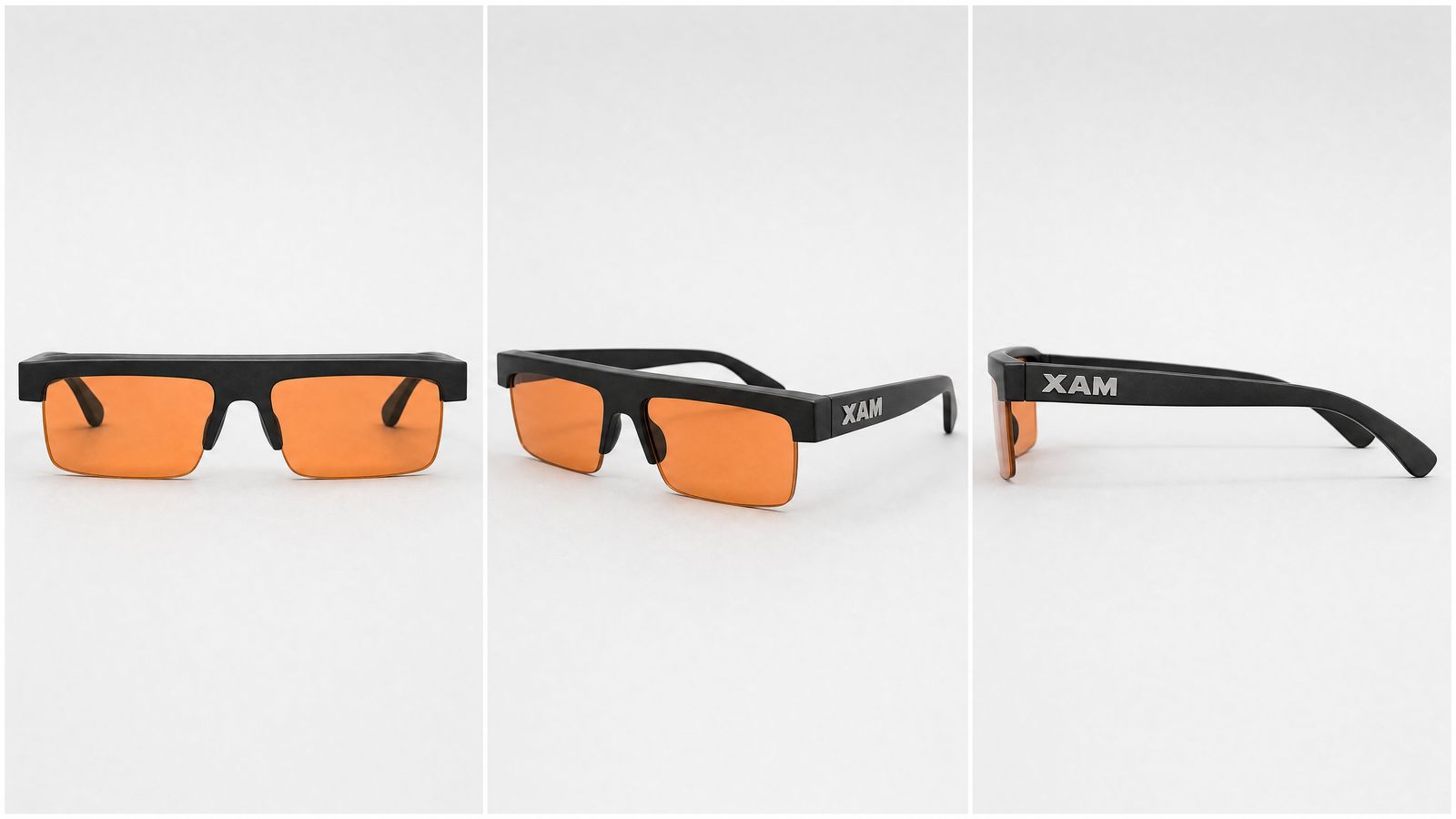 XAM sunglasses with orange lenses from three angles
