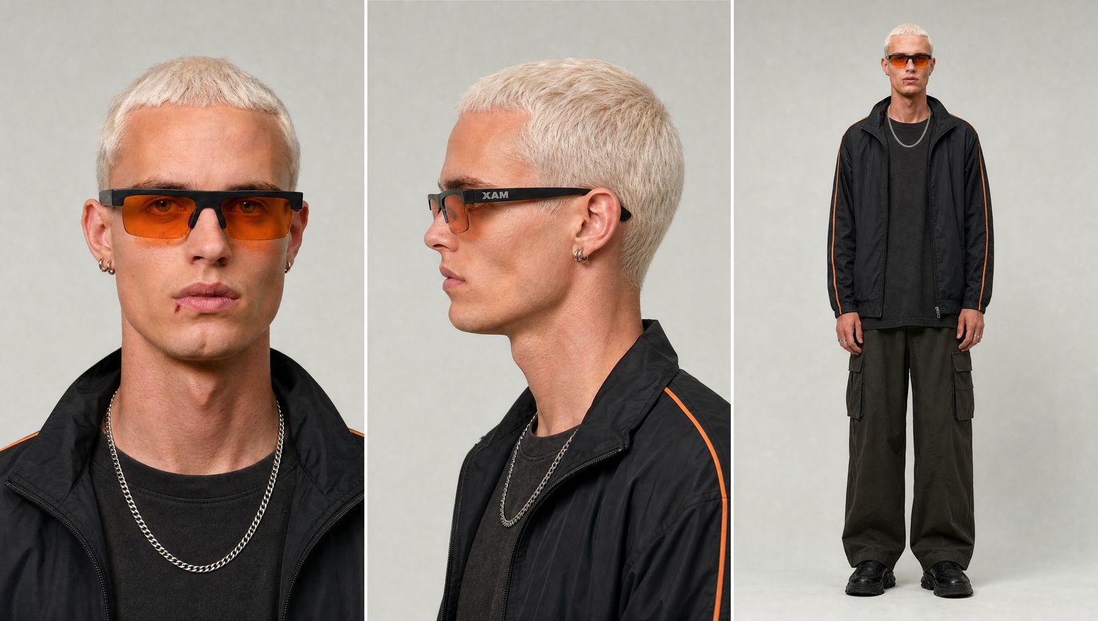 Model sheet: blond model wearing XAM sunglasses and a track jacket